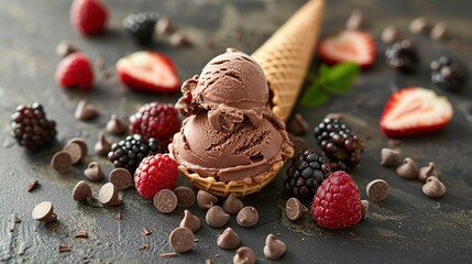 A scoop of chocolate ice cream in a waffle cone, surrounded by chocolate chips, raspberries, and blackberries.