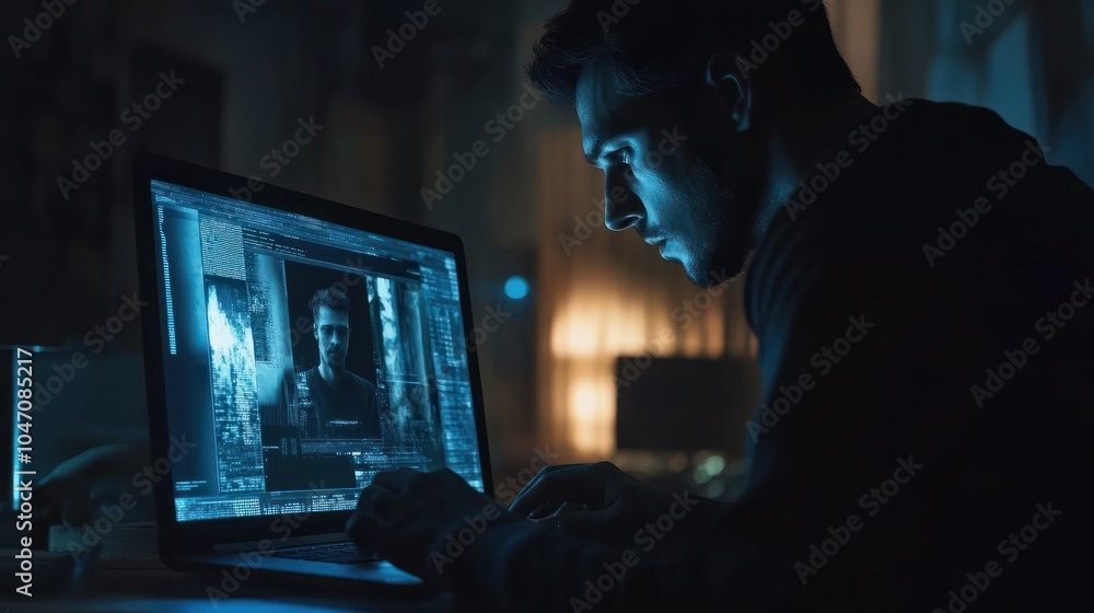 Poster ai image creation technology. man use ai software on a laptop to generate images, showcasing a futur