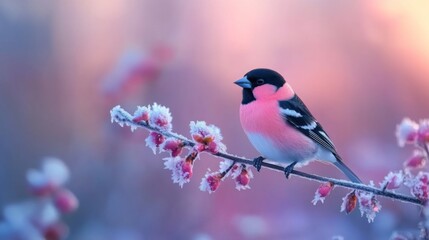 Fototapeta premium Winter cute bird sitting on the tree branch. Beautiful nature banner with bokeh background. Park or garden animal.