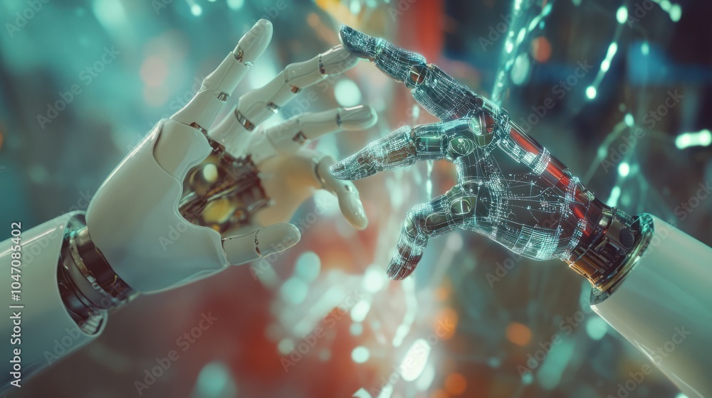 Poster ai, machine learning, hands of robot and human touching on big data network connection background, s