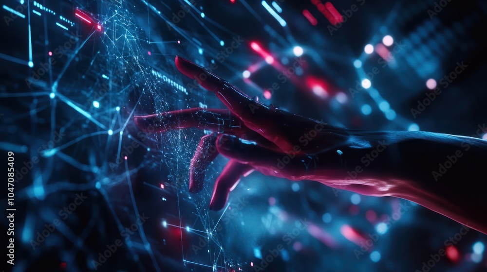 Poster ai, machine learning, hands of robot and human touching on big data network connection background, s