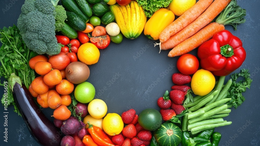 Poster fresh fruits and vegetables arranged in a circle on a plain surface, top view, with open copy space 