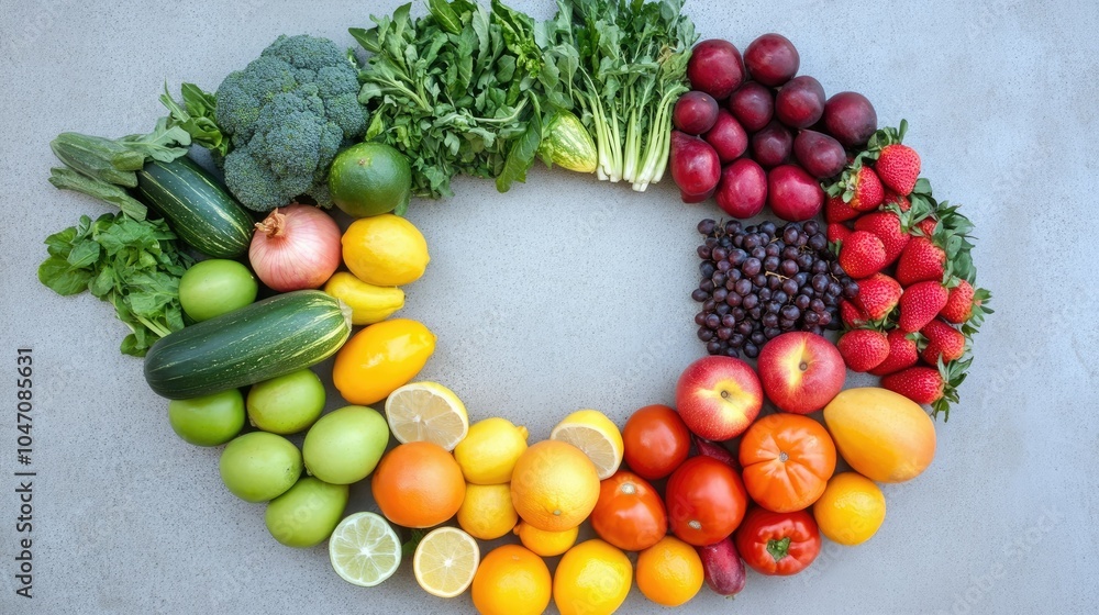 Poster fresh fruits and vegetables arranged in a circle on a plain surface, top view, with open copy space 