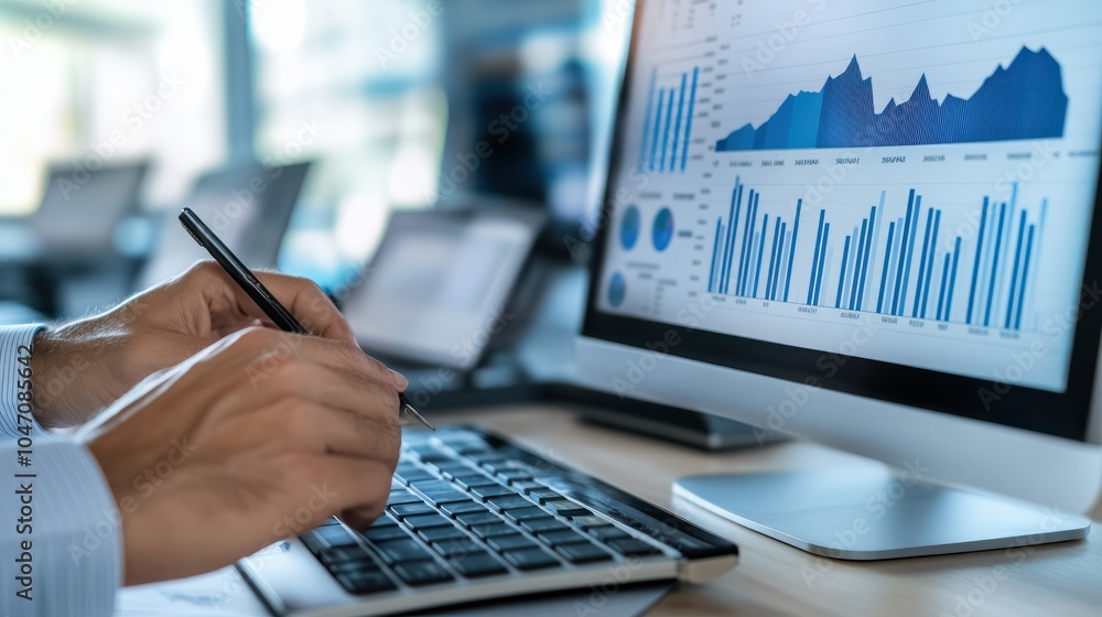 Poster an analyst uses a computer and dashboard for data business analysis and data management system with 