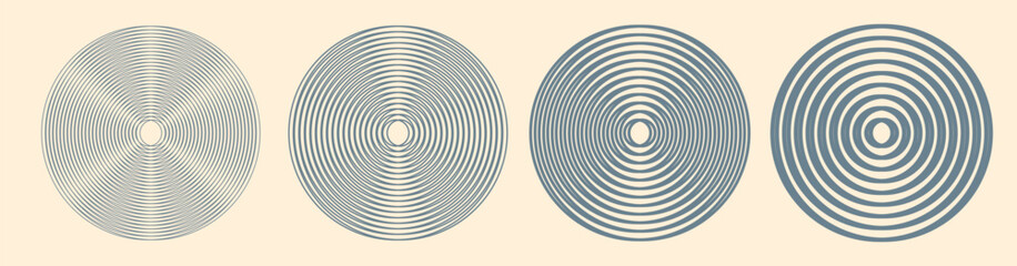 Fototapeta premium Rotation turning line stroke circle disk effect icon vector graphic illustration set, linear thin to thick twist spinning ripple shape geometric, round twirl swirl wave abstract hypnotic image 