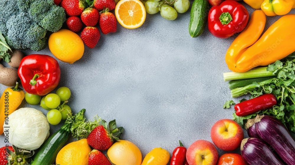 Poster fresh fruits and vegetables arranged in a circular pattern on a light surface, top view, with copy s
