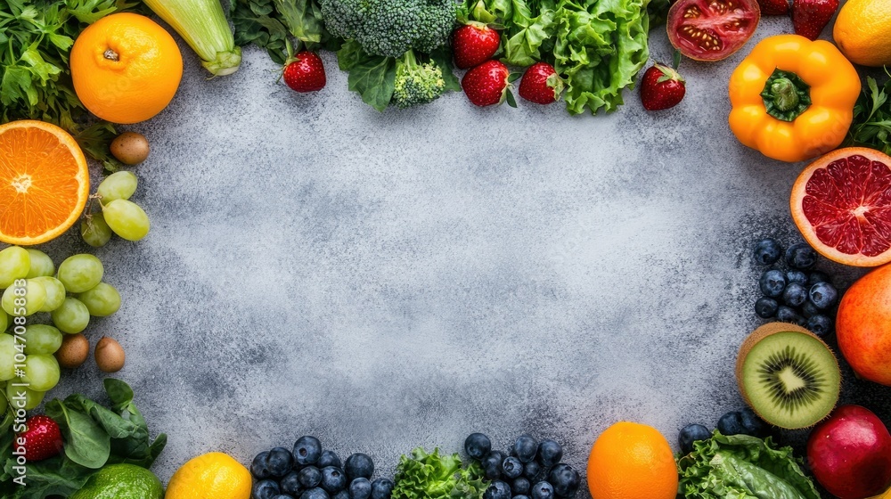 Poster fresh fruits and vegetables arranged in a pattern on a clean surface, with open copy space above for