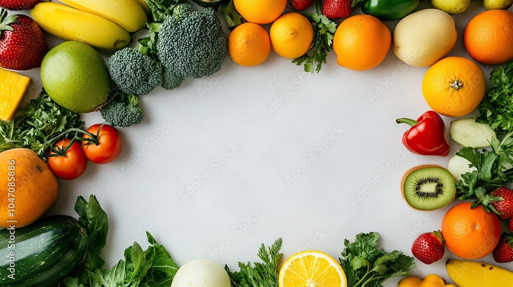 Poster fresh fruits and vegetables arranged in a pattern on a clean surface, with open copy space above for