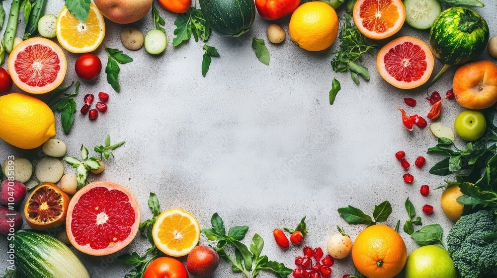 Poster fresh fruits and vegetables arranged in a pattern on a clean surface, with open copy space above for