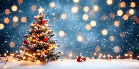 Obraz premium A beautifully decorated Christmas tree stands in snow, adorned with red ornaments and twinkling lights, creating warm and festive atmosphere amidst falling snowflakes