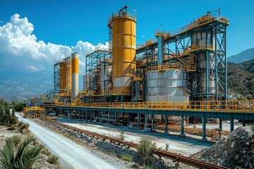 Obraz premium Industrial Complex with Yellow Storage Tanks and Blue Steel Framework
