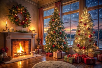 Cozy Christmas Eve Celebration with Warm Lights and Festive Decor for Holiday Stock Photos