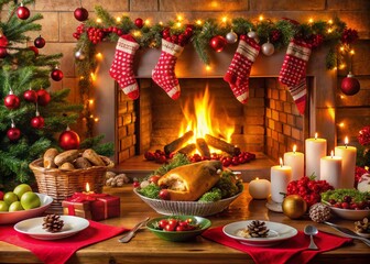 Cozy Christmas Fireplace with Festive Food and Holiday Decor for Perfect Holiday Atmosphere