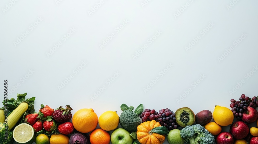Poster fresh fruits and vegetables neatly arranged on a clean surface, with generous copy space above for t