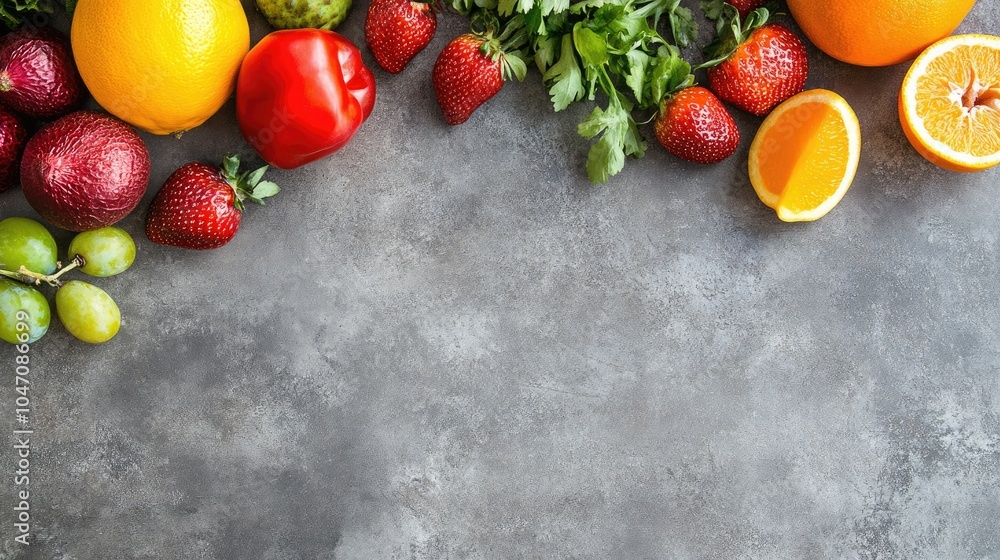 Poster fresh fruits and vegetables neatly arranged on a clean surface, with generous copy space above for t