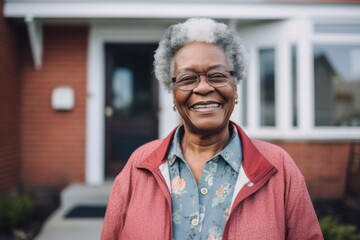 Smiling elderly woman standing outside a senior living facility on a sunny day