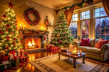 Cozy Christmas Living Room Decor with Panoramic View and Festive Accents for the Holiday Season