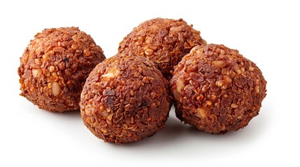 Four crispy brown meatballs isolated on a white background.