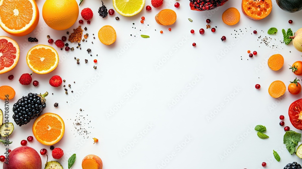 Poster fresh fruits and vegetables scattered on a plain background, with open copy space available for text