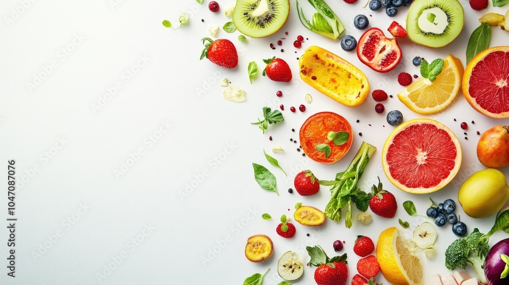 Poster fresh fruits and vegetables scattered on a plain background, with open copy space available for text