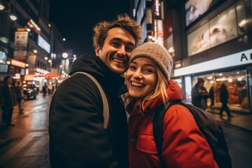 Close up of a young American couple taking selfie while walking in times square