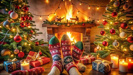 Naklejka premium Cozy Christmas Socks by the Fireplace with Holiday Decor and Warm Atmosphere