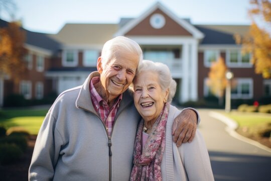 Portrait of a happy senior couple in front of their house