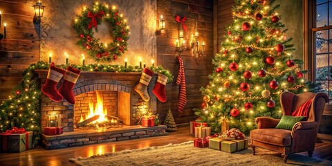 Fototapeta premium Cozy Christmas Wall Scene with Decor and Lights for Festive Ambiance