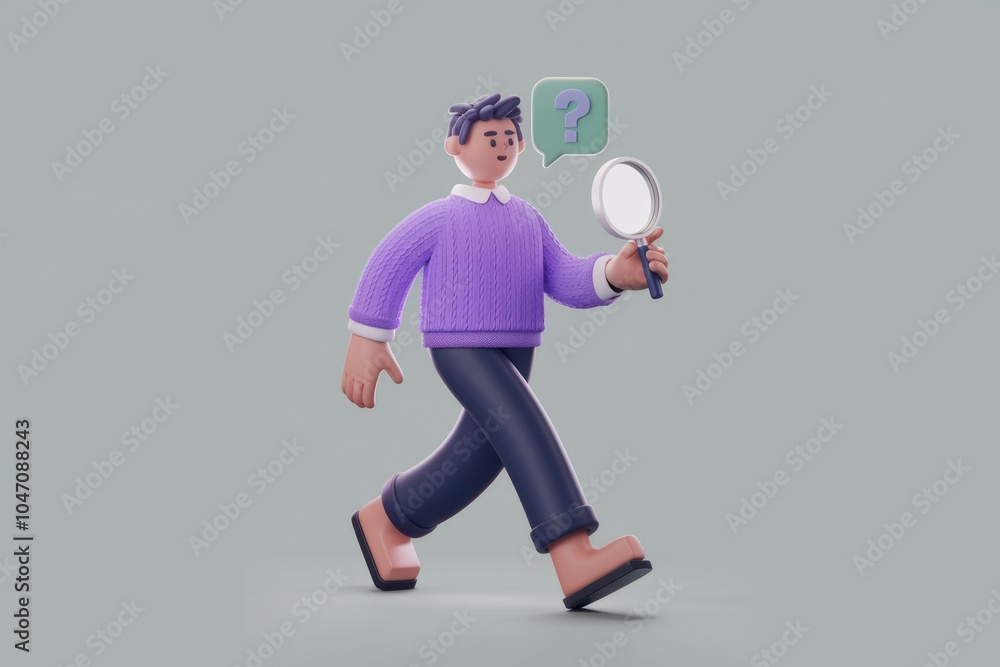 Poster a 3d cartoon character with a magnifying glass and a question mark above his head.
