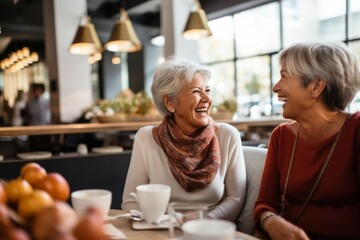 Senior women having coffee in a cafe and laughing