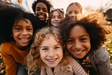 Fototapeta premium Smiling diverse group of kids taking a selfie outdoors