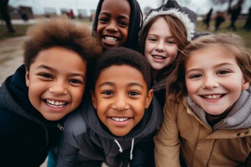 Obraz premium Smiling diverse group of kids taking a selfie outdoors