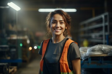Smiling portrait of a young woman working in factory