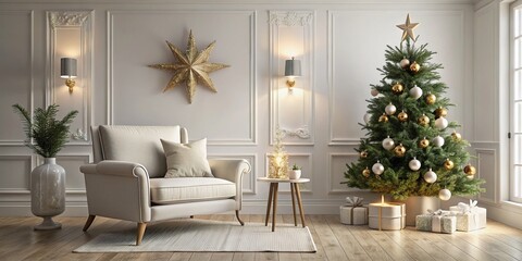 Cozy Living Room Interior with Christmas Decor, White Armchair, and Tree - Perfect for Holiday Inspiration and Design