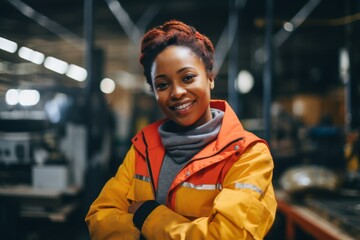 Fototapeta premium Smiling portrait of a young woman working in factory