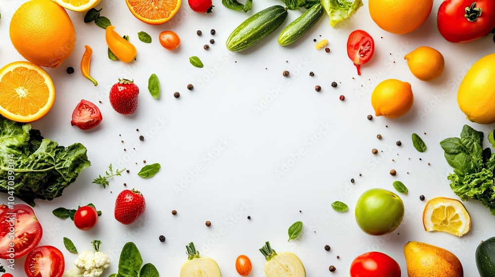 Aufkleber top view of assorted fresh fruits and vegetables scattered on a white surface, with ample copy space