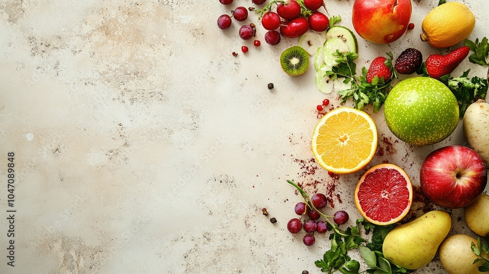Poster top view of assorted fresh fruits and vegetables arranged on a clean surface, with open copy space a