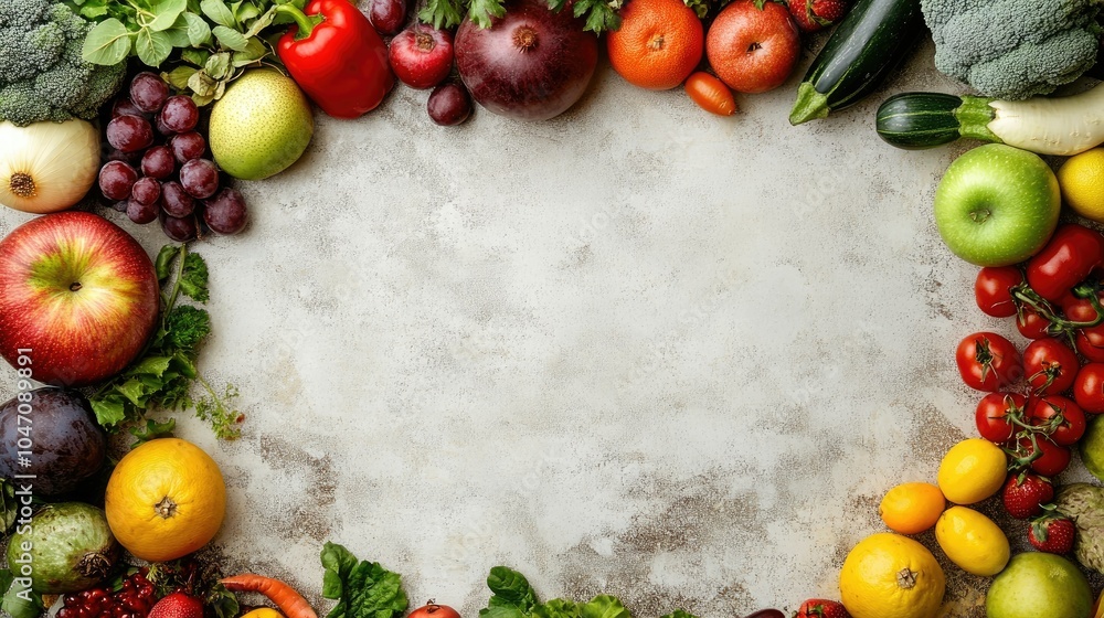 Aufkleber top view of assorted fresh fruits and vegetables arranged on a clean surface, with open copy space a