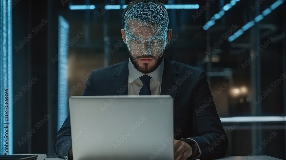Poster businessman is using ai through his laptop computer in office to help him analyze data or generate v