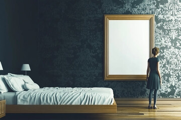 a minimalist bedroom aesthetic featuring a woman contemplating a blank frame