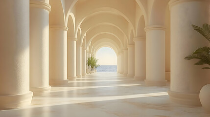 3D Render of a White Columned Corridor with an Ocean View