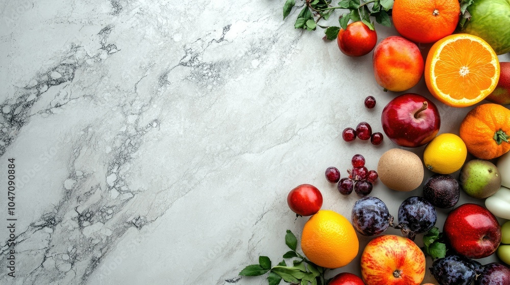 Poster top view of various fresh fruits and vegetables scattered on a clean surface, with open copy space a