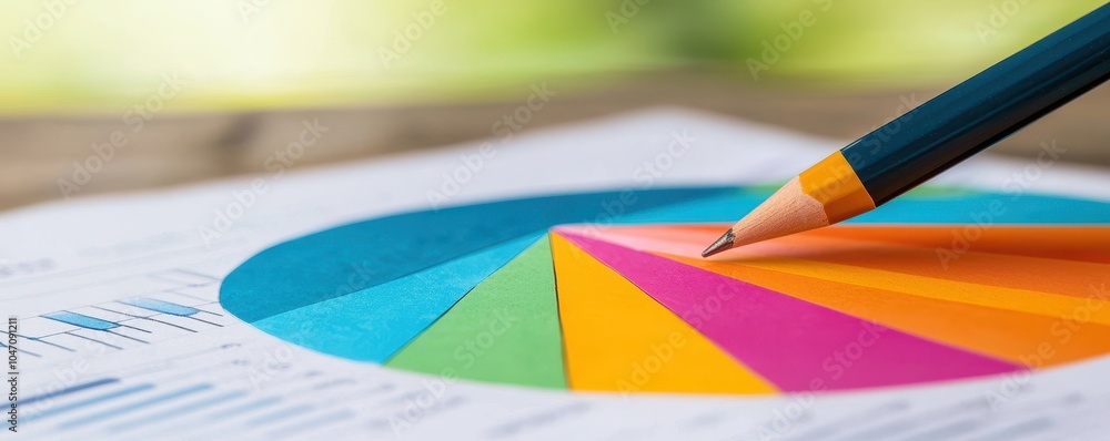 Poster colorful pie chart analysis with pencil, showcasing data visualization in a professional setting.