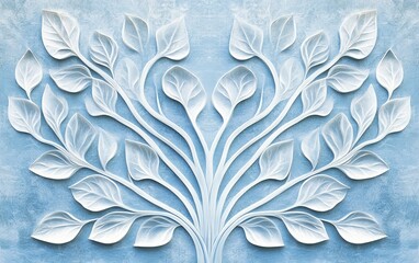 A stylized design featuring white leaves branching out against a blue background.