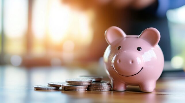 Piggy bank smiling surrounded by coins on a wooden table, representing savings and financial growth.