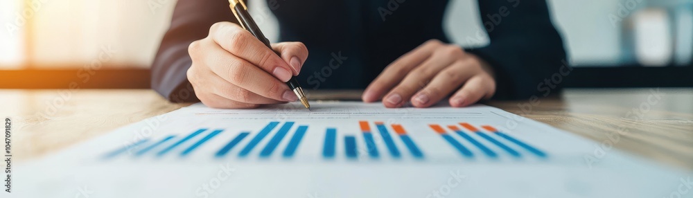 Poster professional evaluating financial data with graphs and charts on a table.