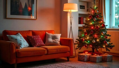 simple living room decorated with christmas decor, orange sofa, christmas tree, lights
