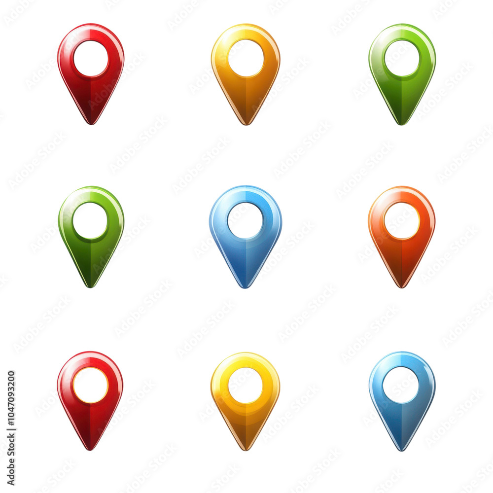 Fototapete colorful location markers: a vibrant collection of nine location markers, each rendered in a distinc