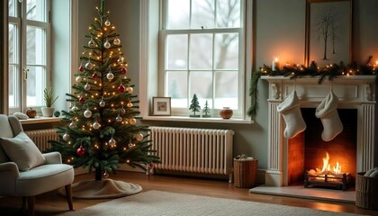 simple living room decorated with christmas decor, sofa, christmas tree, lights, fireplace