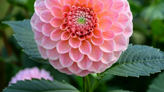 A pink dahlia blooms in a garden during the summer
